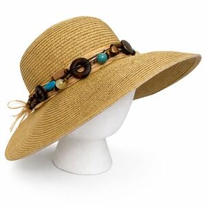 Karfil Womens Wide Brim Natural Straw Hat One Size Brown Beaded Hat Band